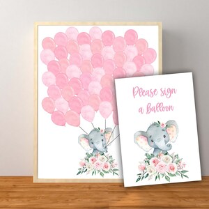 Rosa Elefant-Gästebuch Ballon Zeichen, rosa Elefant Blumen-Baby-Dusche-Dekorationen, Elefant 60 Ballons Zeichen, Instant Download druckbare