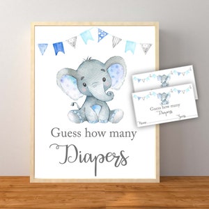 Guess How Many Diapers, Diaper Baby Shower Game, Elephant Game, Blue Elephant Baby Shower, Elephant Decorations, Instant Download Printable