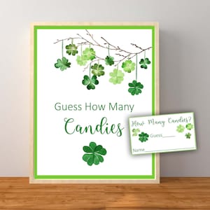 Giorno di San Patrizio Indovina quante caramelle Gioco, Decorazioni del giorno di San Patrizio, Gioco di indovinare caramelle Shamrock, Trifoglio, Download istantaneo stampabile