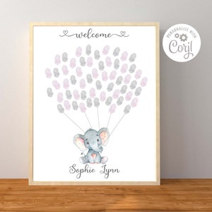Elephant Baby Shower Guest Book Sign, Corjl Editable Template, Elephant Thumbprint Guest Book Sign, Pink, Instant Download Printable