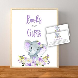 Boeken en geschenken set, olifant boeken en geschenken teken en boekaanvraagkaarten, paarse olifant babyshower, boeken in plaats van kaarten, afdrukbaar