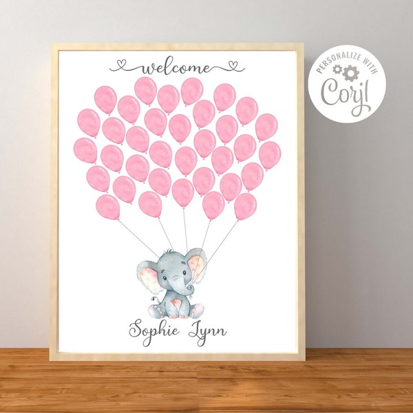 Elephant Baby Shower Guest Sign 16x20 Inch, Editable Sign, Elephant Guest Book Sign, Corjl Editable Template, Instant Download Printable