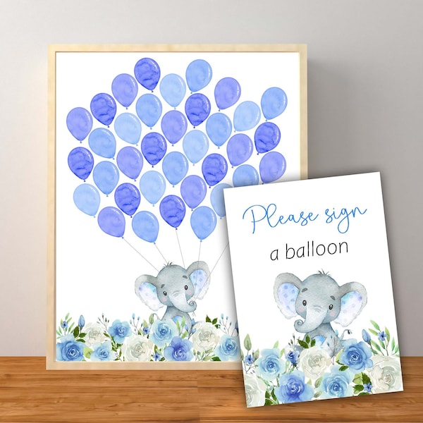 Blue Floral Elephant Guest Book Sign, Blue Elephant Baby Shower Decorations, Elephant Balloon Guest Book Sign, Instant Download Printable