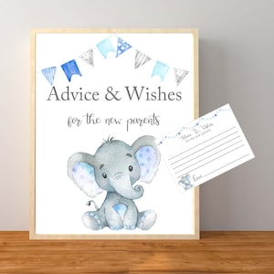 Consigli e auguri per i futuri genitori, Consigli e auguri per il bambino, Baby shower dell'elefante blu, Baby shower dell'elefante maschio, Gioco, Stampabile