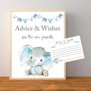 Consejos y deseos para el bebé, consejos y deseos para los futuros padres, baby shower de elefante azul, baby shower de elefante para niño, juego, imprimible