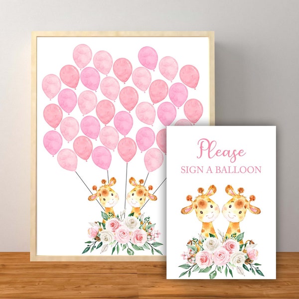 Giraffe Twin Girls Guest Book Sign, Floral Pink Giraffe Baby Shower, Giraffe Guest Sign, Giraffe Balloon Sign, Instant Download Printable