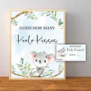 Raad eens hoeveel koala kussen spel en kaarten, jongen koala babyshower decoraties, babyshower blauwe koalabeer, instant download afdrukbare