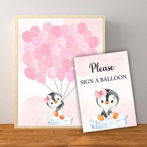 Pink Penguin Guest Book Sign, Girl Penguin Baby Shower, Penguin Thumbprint Balloon Sign, Penguin Decorations, Instant Download Printable