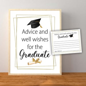 Consejos y buenos deseos para los graduados, decoraciones para fiestas de graduación, letreros dorados y negros para la mesa de graduación, descarga instantánea e imprimible