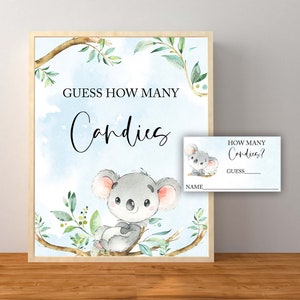 Koala raad eens hoeveel snoepjes spel en kaarten, Koala babyshower decoraties, Blue Boy Koala babyshower activiteit, Instant Download afdrukbare