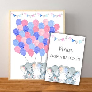 Zwillings-Elefant Ballon-Gästebuch Zeichen, Gender Reveal Gästebuch, Zwillinge Jungen und Mädchen-Babyparty, Voting-Spiel, sofortiger Download druckbare