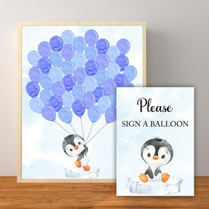 Blue Penguin Guest Book Sign, Boy Penguin Baby Shower, Penguin Thumbprint Balloon Sign, Penguin Decorations, Instant Download Printable