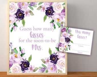 Purple Floral Guess How Many Kisses for the Soon to be Mrs, Bridal Shower Candy Kisses Guessing Game, Lavender, Instant Download Printable