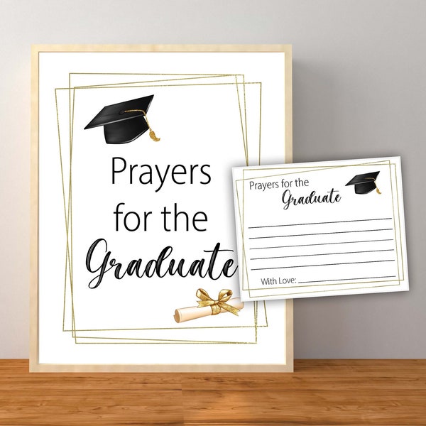 Prayers for the Graduate Sign with Cards, Graduation Party Decorations, Gold and Black Graduation Tabletop Signs, Instant Download Printable