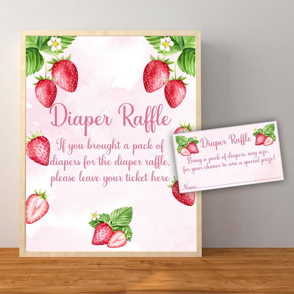 Strawberry Diaper Raffle Sign and Cards, Diaper Raffle Game and Tickets, Pink Strawberry Baby Shower Game, Instant Download Printable