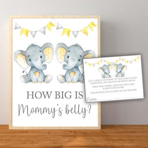 Elefante Amarelo Gêmeo Qual o Tamanho da Barriga da Mamãe Placa e Cartões, Jogo de Chá de Bebê Elefante Amarelo, Gênero Neutro, Download Instantâneo para Imprimir
