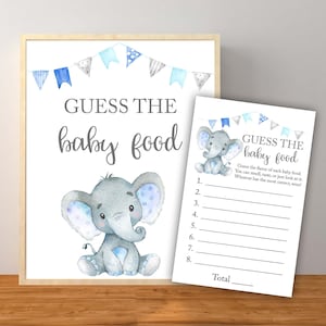 Jogo de adivinhar a comida do bebê elefante azul, decorações de chá de bebê elefante, jogo de adivinhar a comida do bebê com cartas, download instantâneo para impressão