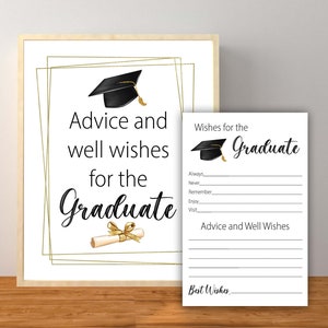 Letrero y juego de consejos y buenos deseos para el graduado, decoraciones para fiestas de graduación, juego de deseos dorados y negros, descarga instantánea para imprimir