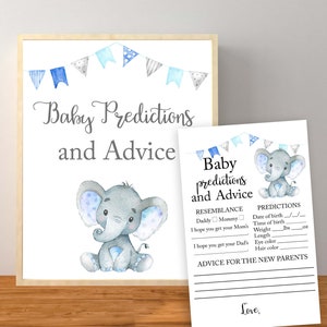 Baby Predictions and Advice, Elephant Baby Predictions, Blue Elephant Baby Shower, Elephant Baby Predictions and Advice, Printable