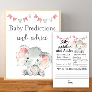 Babyvoorspellingen en advies, olifantenbabyvoorspellingen, meisjesbabyshower, olifantenbabyadvies, advies voor nieuwe ouders, direct afdrukbaar