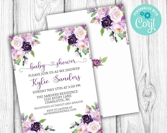 May include: Purple and white floral baby shower invitation with the text "baby shower" and "Kylie Sanders". The invitation includes the date, time, location, and RSVP information.