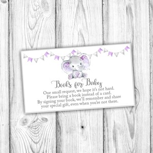 Boeken voor babykaart, boeken voor baby-uitnodiging invoegen, neem een boek mee in plaats van een kaart, paarse olifant babyshower, direct afdrukbaar