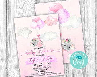 Pink Elephant Baby Shower Invitation, Girl Pink Elephant Editable Invitation, Pink Girl, Corjl Editable Template, Instant Download Printable