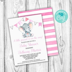 Elephant Baby Shower Invitation, Girl Pink Elephant Invitation, Editable Invitation, Corjl Editable Template, Instant Download Printable