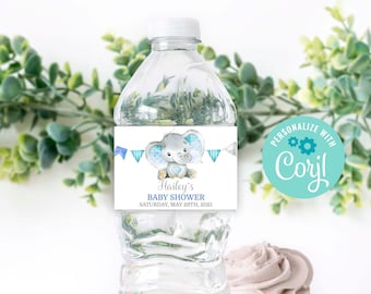 Elephant Baby Shower Water Bottle Labels, Editable Water Bottle Labels, Corjl Editable Template, Elephant Labels, Instant Download Printable