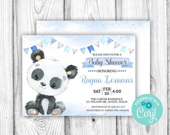 May include: A blue and white baby shower invitation with a cute panda bear illustration. The invitation says "Please join us for a Baby Shower honoring Rayna Lemons" and includes the date, time, and location of the event. It also says "Registered at Target and Amazon".