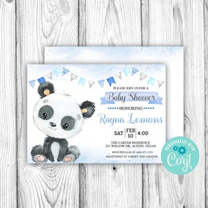 Convite para chá de bebê azul Panda, convite editável Boy Panda, modelo editável Corjl, festa do urso panda, download instantâneo para impressão