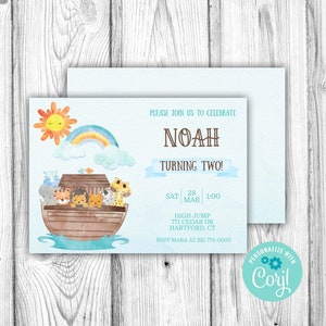 Noah&#39;s Ark Birthday Party Invitation, Boy Noahs Ark Editable Invitation. Corjl Editable Invitation Template, Instant Download Printable