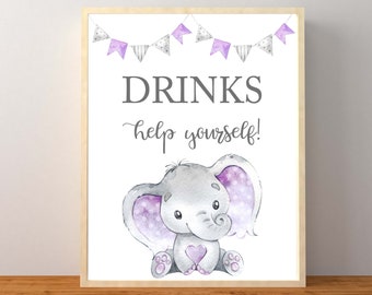 Drinks Sign Purple Elephant Baby Shower Birthday Sign Drink Station Table Sign Printable Instant Download A79 C67