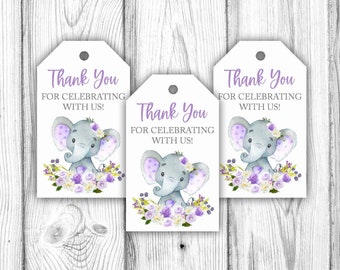 Lila Elefant Favor Tags, Floral Lavendel Elefant-Baby-Dusche-Dekorationen, Elefant-Baby-Dusche Favor Tags, Instant Download Printable