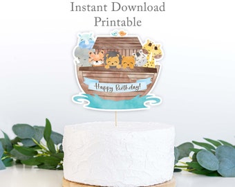 Noah's Ark Happy Birthday Cake Topper Centerpiece, Noahs Ark Birthday Party Decorations, Twin Boy Birthday Party, Instant Download Printable