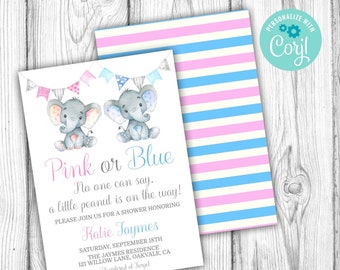 Könnte beinhalten: Rosa und blaue Gender Reveal Party Einladung mit einer niedlichen Elefantenillustration. Die Einladung lautet "Pink oder Blau, Niemand kann es sagen, ein kleines Erdnuss ist unterwegs!" und enthält die Details für die Party, einschließlich Datum, Uhrzeit, Ort und Registrierungsinformationen.