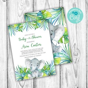 Elephant Baby Shower Invitation, Elephant Invitation, Jungle Baby Shower, Corjl Editable Template, Green, Instant Download Printable