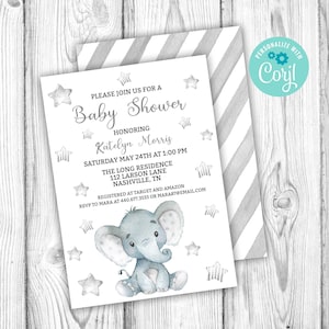 Elephant Baby Shower Invitation, Elephant Invitation, Gender Neutral Baby Shower, Corjl Editable Template, Gray, Instant Download Printable