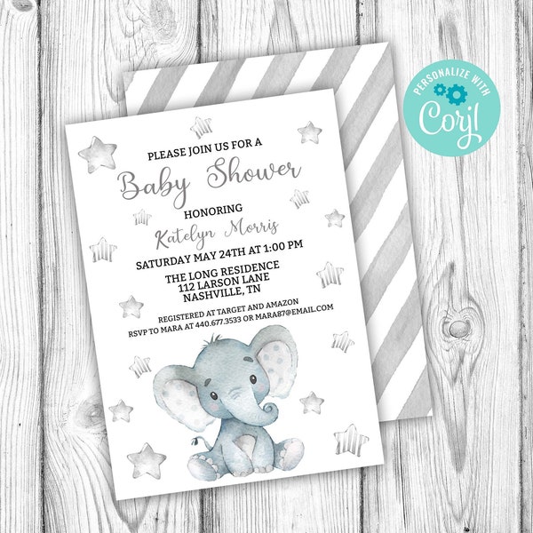 Elephant Baby Shower Invitation, Elephant Invitation, Gender Neutral Baby Shower, Corjl Editable Template, Gray, Instant Download Printable