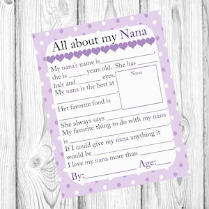 All About Nana, Nana Printable, All About My Nana, Mother&#39;s Day Gift, Birthday Gift, Kid Questionnaire, Grandparent Gift, Printable