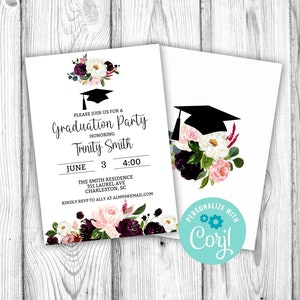 Graduation Party Floral Invitation, Editable Floral Graduation Announcement Invitation, Flowers, Corjl Editable Template, Printable Download