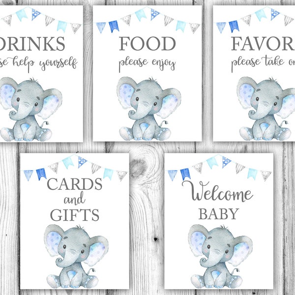 Paquete de baby shower de elefante azul, imprimibles de letreros de mesa de elefante, decoraciones de baby shower de niño elefante, descarga instantánea imprimible