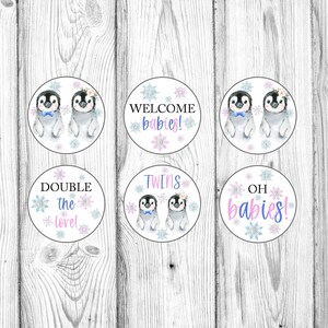 Toppers pour cupcakes jumeaux pingouins, décorations de baby shower de pingouins jumeaux, shower de bébé de jumeaux garçon et fille, décorations de nourriture, téléchargement immédiat imprimable