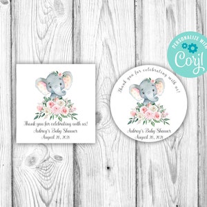 Pink Floral Elephant Baby Shower Favor Tags, Editable Favor Tags, Corjl Editable Template, Thank You Treat Tags, Instant Download Printable
