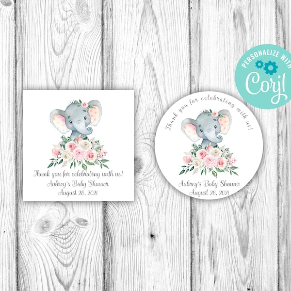 Pink Floral Elephant Baby Shower Favor Tags, Editable Favor Tags, Corjl Editable Template, Thank You Treat Tags, Instant Download Printable