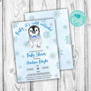 Convite para chá de bebê pinguim, convite pinguim azul, convite editável, modelo editável Corjl, floco de neve, download instantâneo para impressão