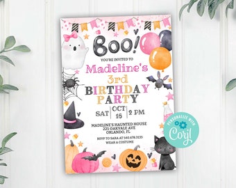 Halloween Ghost Birthday Party Invitation, Halloween Girl Pink, Black Boo Invitation, Corjl Editable Template, 5x7 inch Printable Download