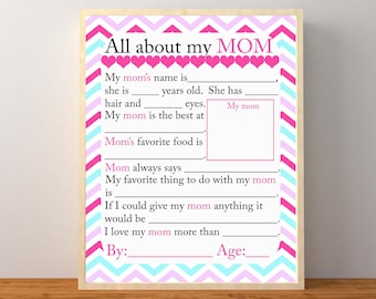 May include: A printable worksheet with pink and blue chevron patterns. The worksheet is titled "All about my MOM" and has fill-in-the-blank questions about a mother.