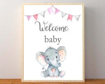 Elefant välkomstskylt för baby, välkomstskylt för baby, flicka elefant babyshower, elefant babyshower, rosa elefant babyshower, utskrivbar
