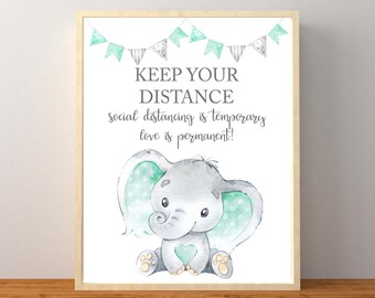 Baby Shower Social Distance Sign, Elephant Social Distancing Sign, Mint Elephant Baby Shower, Gender Neutral Baby Shower, Instant Printable